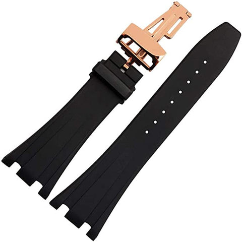 28mm Silicone Black Watch Band with Butterfly Buckle Suitable for Audemars Piguet Men's Watches (28 mm, Rosegold-Buckle)